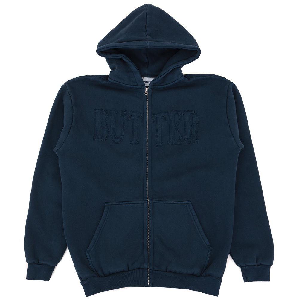 Fabric Applique Zip-Thru Hooded Sweatshirt (Washed Slate) (S)