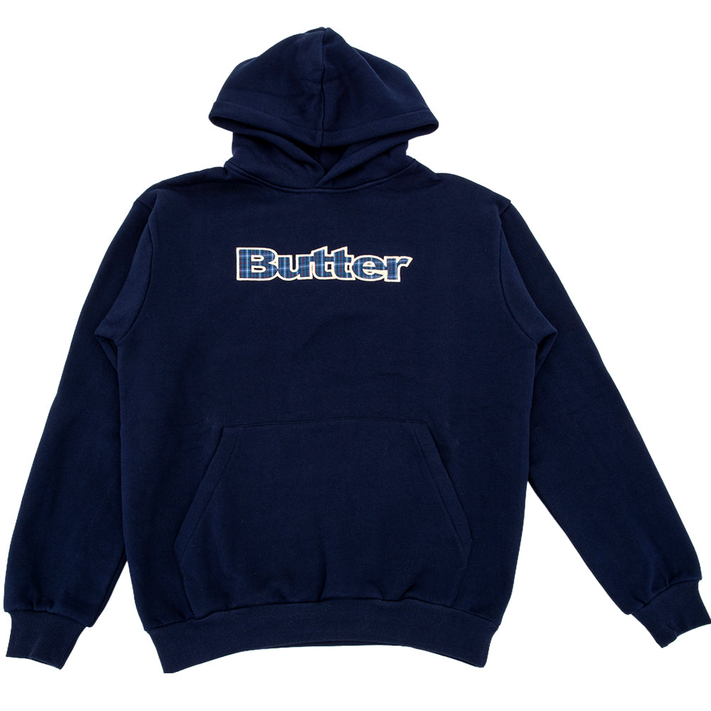 Plaid Logo Applique Pullover Hooded Sweatshirt (Navy)