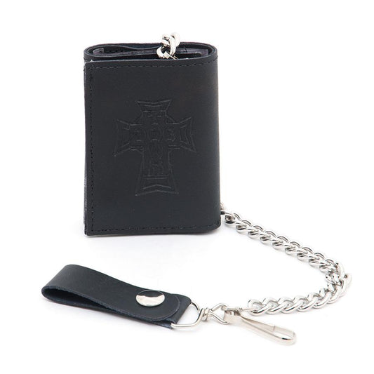 Trifold Leather Chain Wallet (Black)